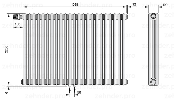 Схема (чертеж) Радиатор Zehnder Charleston 3220/23 №V007 Белый глянцевый RAL 9016